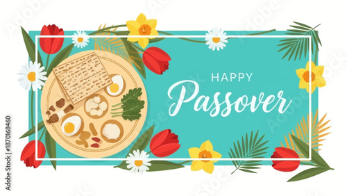 Happy Passover Seder Plate with Matzah and Spring Flowers Decoration