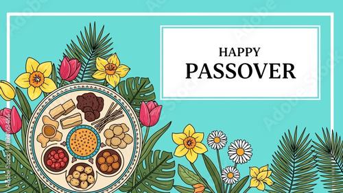 Happy Passover Greeting with Traditional Seder Plate and Spring Flowers