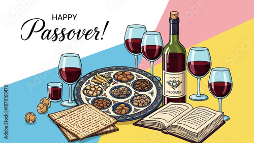 Happy Passover Greeting with Seder Plate, Matzah, Wine, and Haggadah