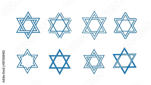 Collection of Stylized Star of David Symbols in Blue Outline Variations