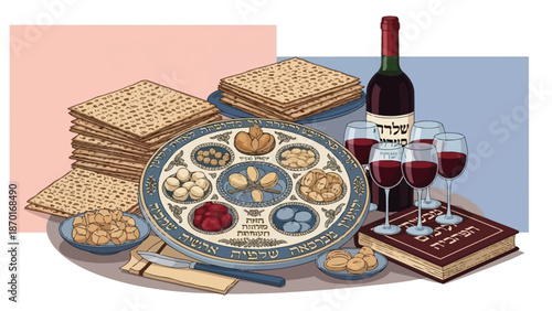 Passover Seder Plate, Matzah, Wine, and Haggadah for Jewish Holiday Celebration