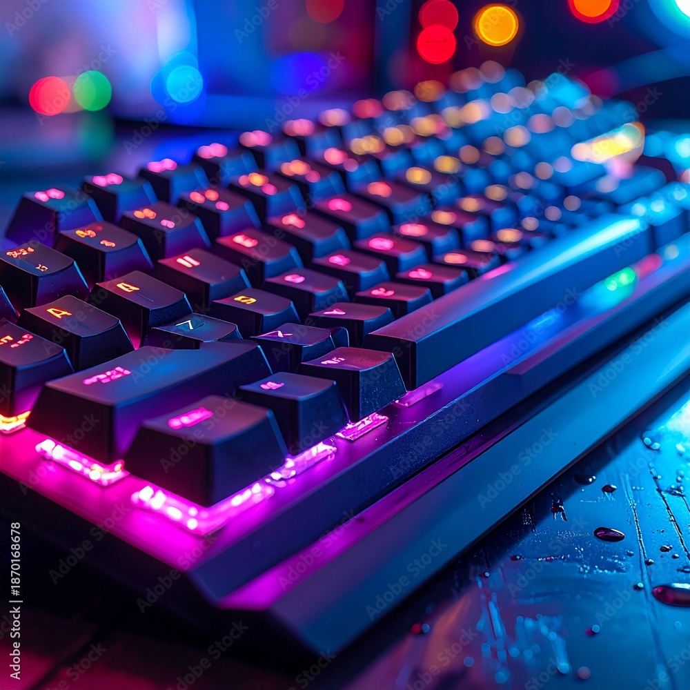Fototapeta premium Illuminated Gaming Keyboard with Vibrant RGB Lighting on Dark Surface.