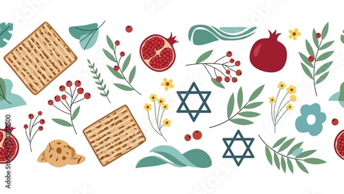 Seamless Pattern of Passover Symbols: Matzah, Pomegranates, Star of David, and Flowers