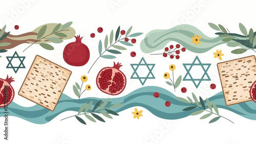 Passover Symbols and Matzah Border with Pomegranates and Star of David