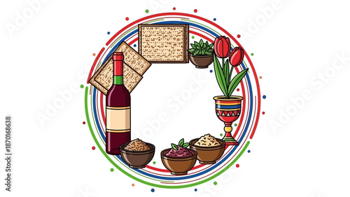 Passover Seder Plate Elements and Wine Bottle in Circle Frame