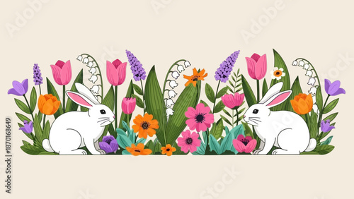 Two White Bunnies in a Field of Spring Tulips, Hyacinths, and Lily of the Valley