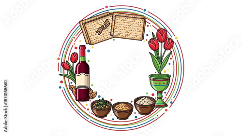 Passover Seder Plate Elements with Matzah, Wine, and Tulips in Decorative Circle