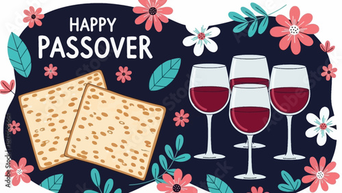 Happy Passover Celebration with Matzah and Wine, Decorated with Flowers and Leaves