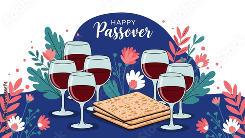Happy Passover Greeting with Wine Glasses and Matzah, Floral Decorations
