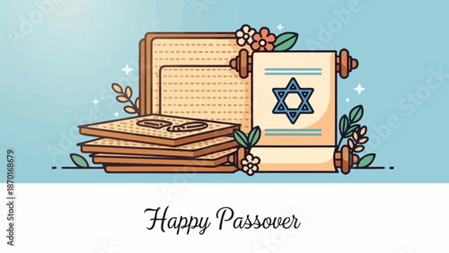 Happy Passover Celebration with Matzah and Torah Scroll, Jewish Holiday