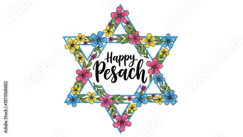 Happy Pesach Greeting with Star of David Decorated with Colorful Flowers and Leaves