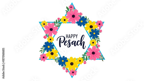 Happy Pesach Star of David decorated with colorful flowers and greenery