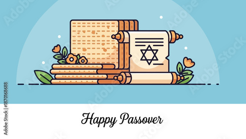 Happy Passover Greeting with Matzah and Torah Scroll Illustration