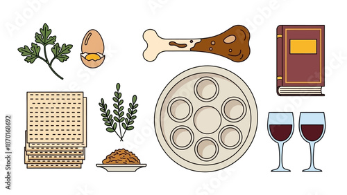 Pesach Seder Plate Items, Matzah, Wine, and Haggadah for Jewish Holiday