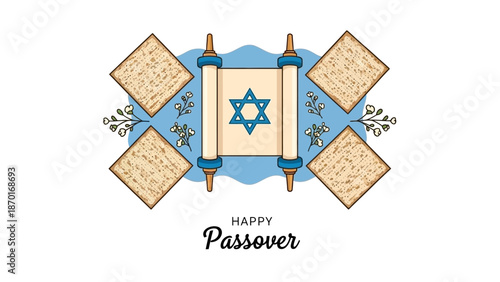 Happy Passover Greeting with Matzah, Torah Scroll, and Star of David