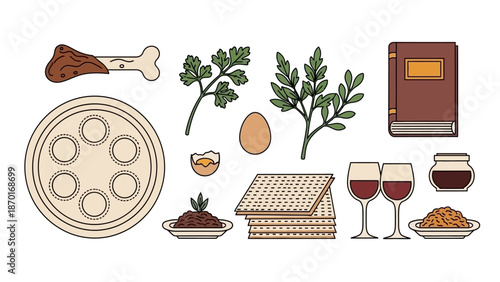 Passover Seder Plate and Symbols with Matzah, Wine, and Book