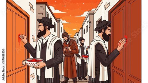 Men Applying Red Paint to Doors in Ancient Street at Sunset