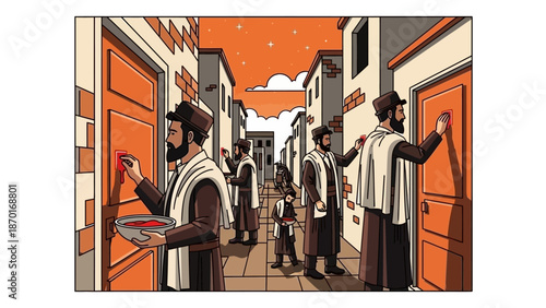 Men in traditional clothing applying red substance to doors in a street