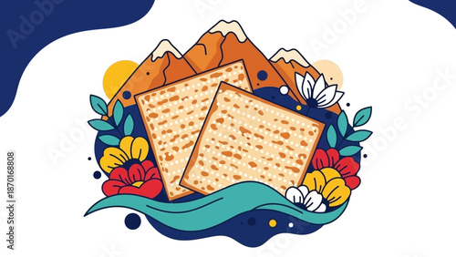Passover Matzah, Flowers, and Mountains Illustration for Jewish Holiday Celebration