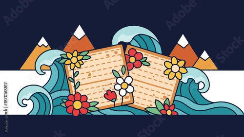 Passover Matzah and Waves with Mountains and Flowers in Flat Design Style