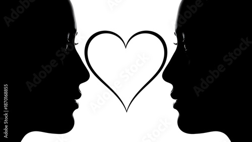 Silhouetted Faces Profile View with Heart Shape Between Them, Love Concept