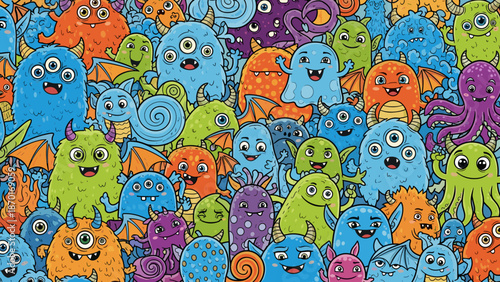 Colorful cartoon monsters in various shapes and sizes with big eyes and smiles