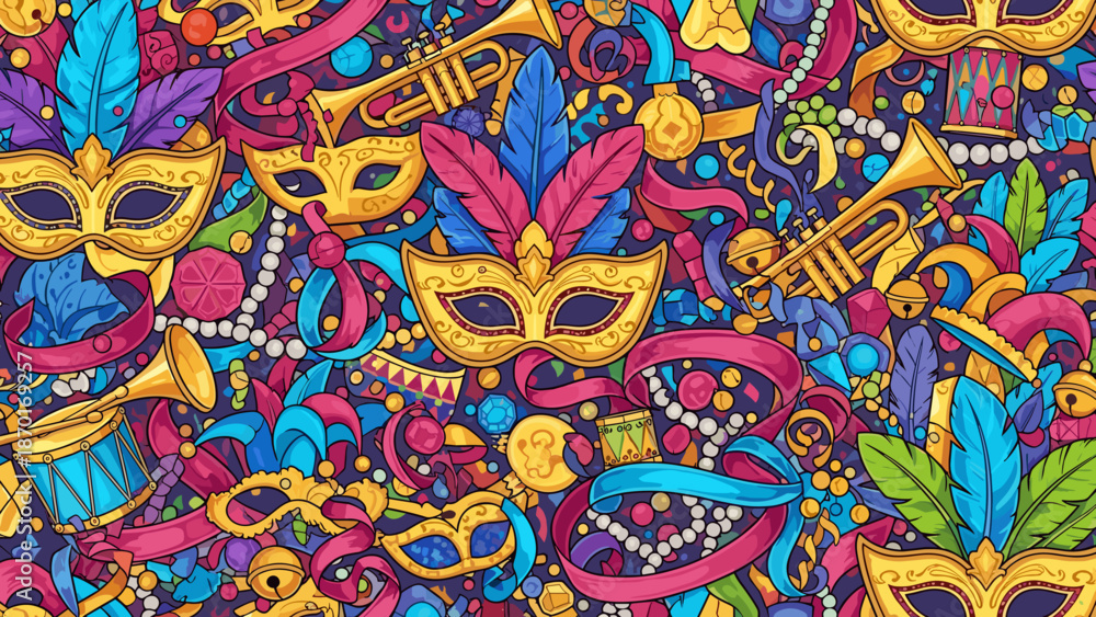 Fototapeta premium Vibrant mardi gras carnival mask and musical instrument pattern background with colorful feathers and beads