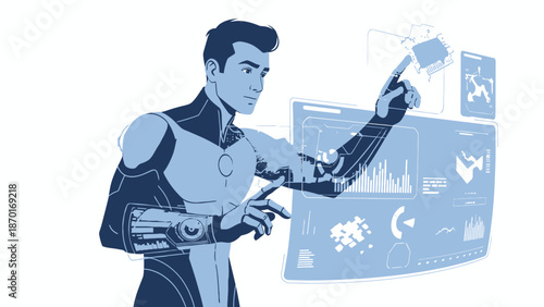 Cyborg Man Interacting with Digital Interface.