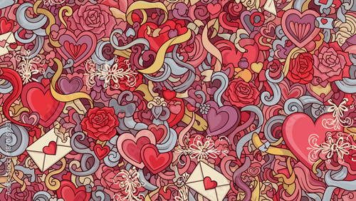 Vibrant valentines day themed background with hearts and flowers in various colors and designs