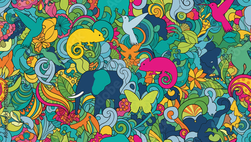 Vibrant colorful illustration of various whimsical fantasy creatures and swirling patterns
