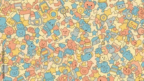 Colorful whimsical illustration of various cartoon animals and toys on a textured yellow background