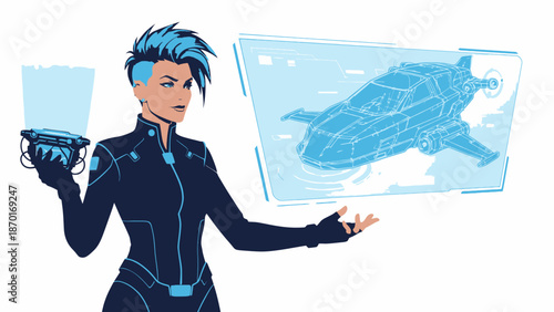 Futuristic Female Character Holding Holographic Display.