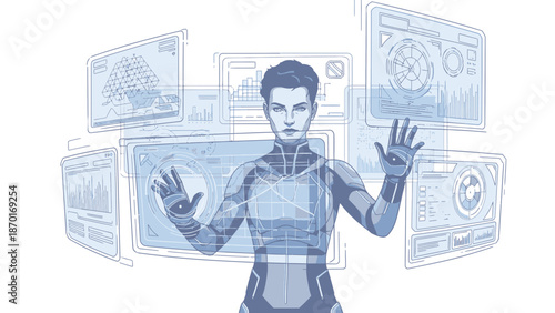 Futuristic Man Interacting with Digital Screens.
