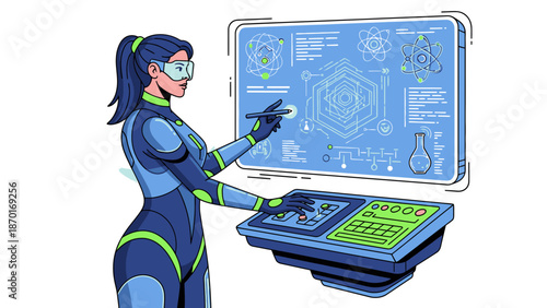 Futuristic Woman in Blue Jumpsuit Interacting with Holographic Display.