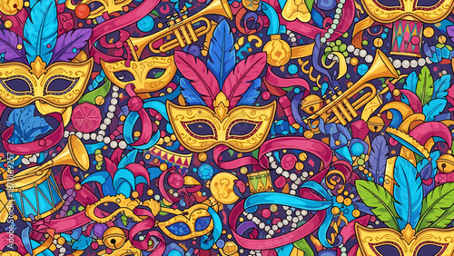 Vibrant mardi gras carnival mask and musical instrument pattern background with colorful feathers and beads