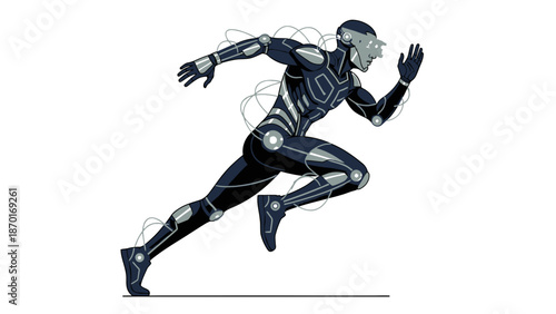 Futuristic Runner in Black Cybernetic Suit.