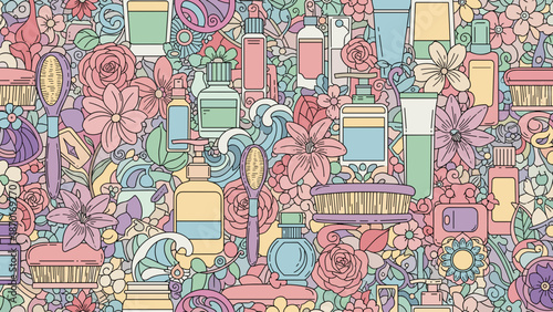 Colorful illustration of various beauty products and flowers in pastel hues on a seamless pattern
