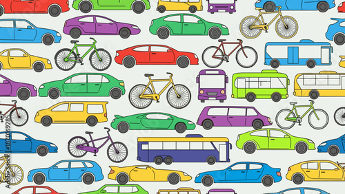 Colorful illustration of cars and bicycles in various vibrant hues on a light gray background