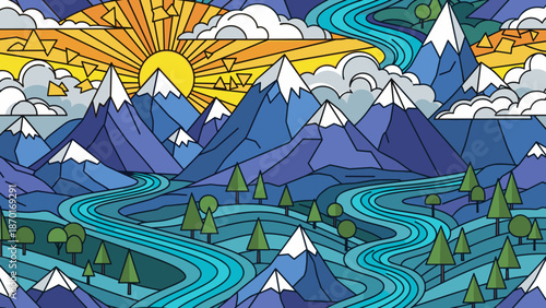 Vibrant illustration of a winding river flowing through mountains and trees under a sunny sky with clouds
