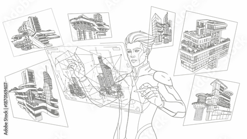 Man surrounded by architectural sketches and drawings.