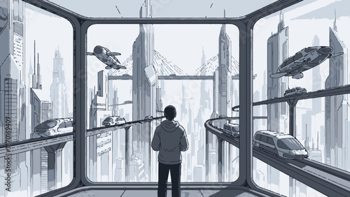 Man Standing in Futuristic Transport Hub.