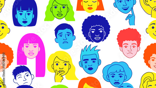 Colorful diverse group of people faces in different styles and emotions