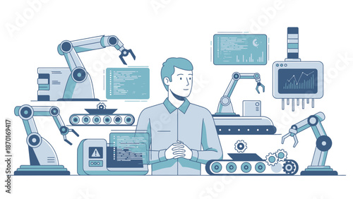 Man Surrounded by Industrial Robotics Machinery.