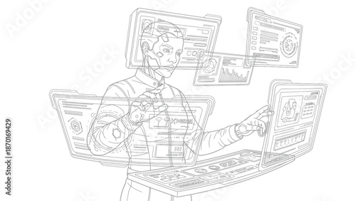 Man Surrounded by Multiple Computer Screens.