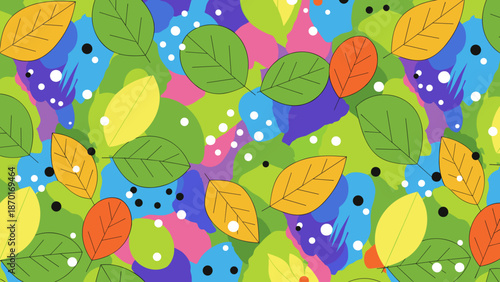 Vibrant colorful leaves and dots pattern on multicolored background
