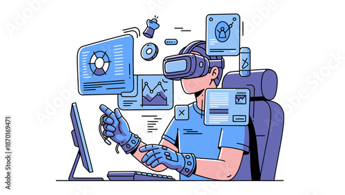 Man wearing virtual reality headset and gloves.