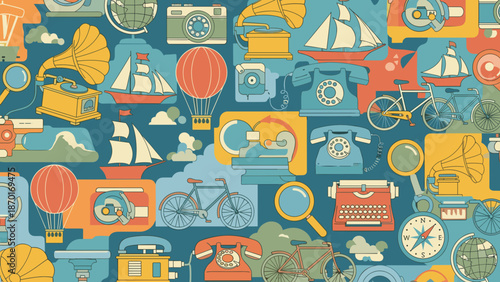 Colorful travel and transportation icons pattern on blue background