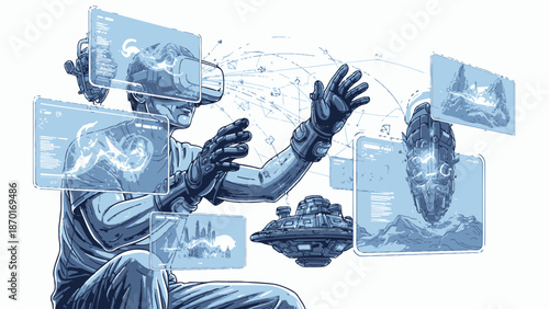 Man Wearing Virtual Reality Headset Interacting.