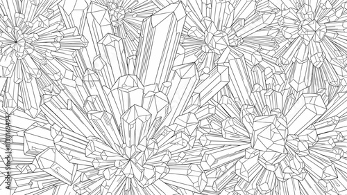 Black and white illustration of crystal clusters in a repeating pattern