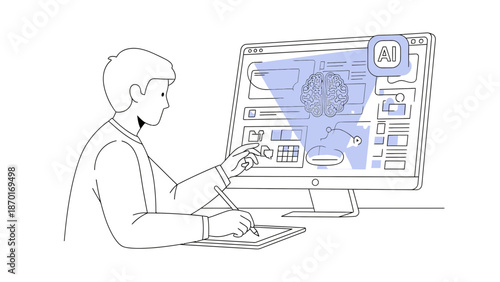 Man Working on Computer with Adobe Software.